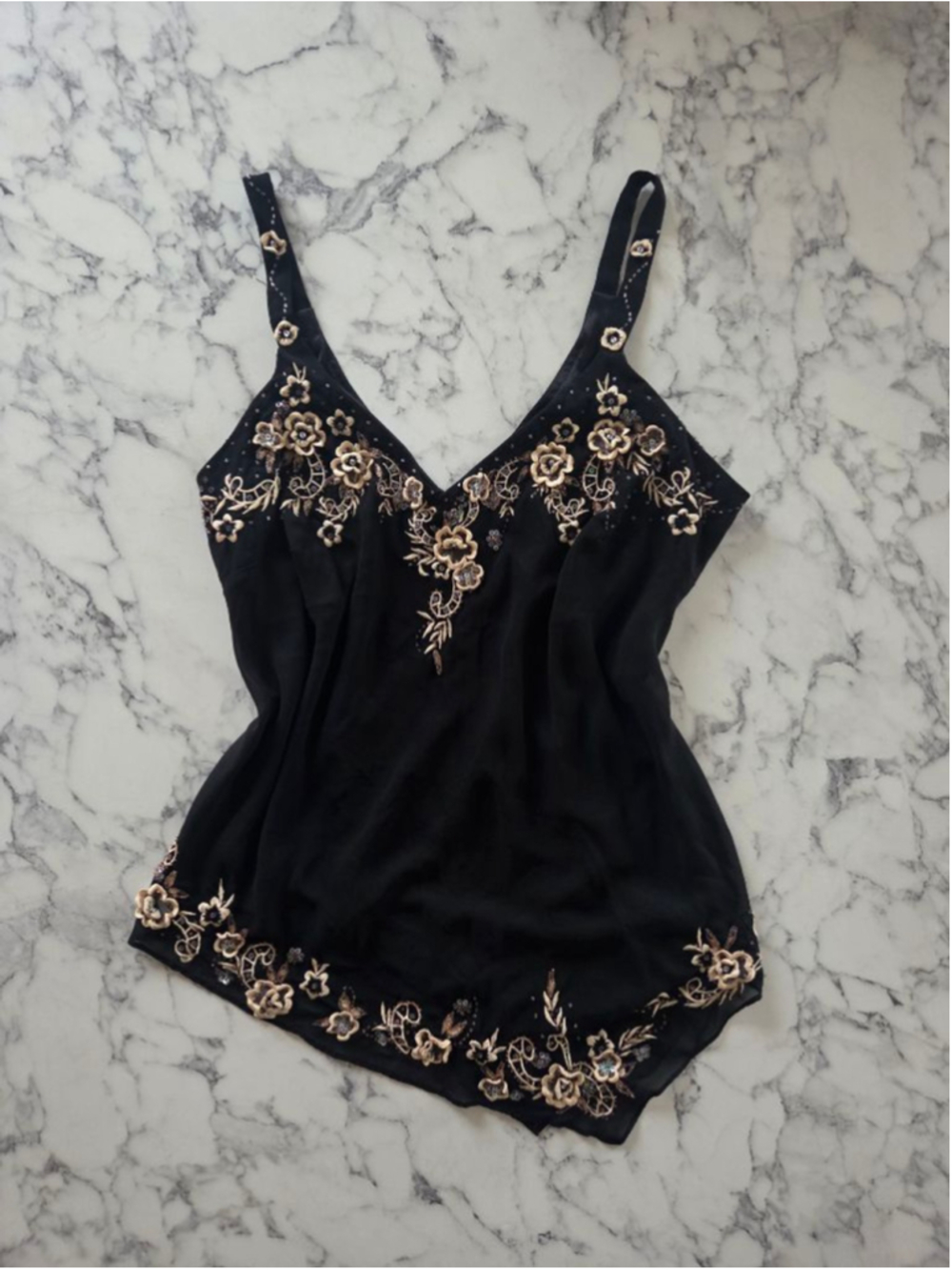 Medium Black Beaded Floral Y2K Asymmetrical Going Out Tank Top Fairy Whimsigoth